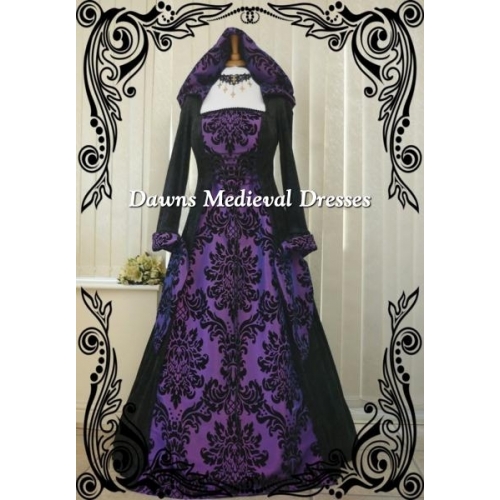 Renaissance Goth Handfasting Wedding Dress black & Purple Hood